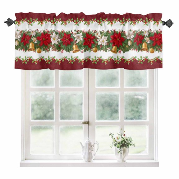 Christmas Poinsettia Kitchen Valances for Windows 42x18 Inch Kitchen Curtains Valances Rod Pocket Winter Xmas Floral Bell Botanical Bathroom Window Valances for Window Treatment Decor