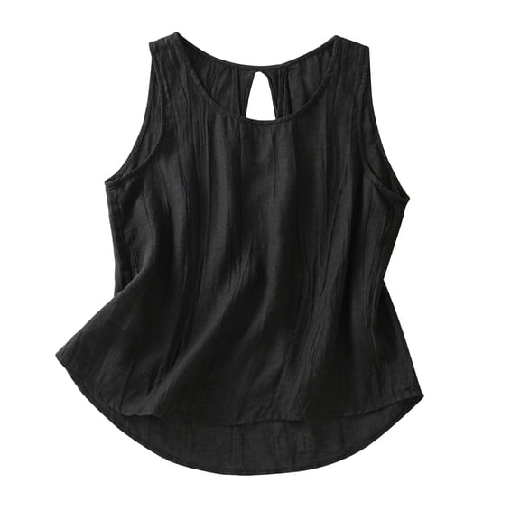 Bovemsi Women's Cotton Linen Camisole - Solid Color Pleated Sleeveless Vest, Versatile for Outer/Inner Wear, Black Base Layer
