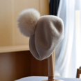 thumbnail image 1 of Gorro de boina con pompón de piel de zorro real de invierno para mujer, gorro de cachemira cálido tejido de lana, Beige, 1 of 4