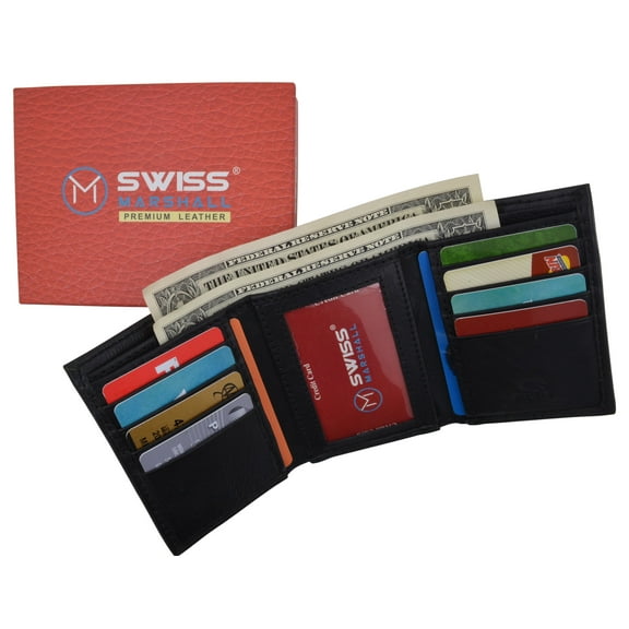 RFID Blocking Premium Leather Black Classic Trifold Credit Card ID Wallet Box