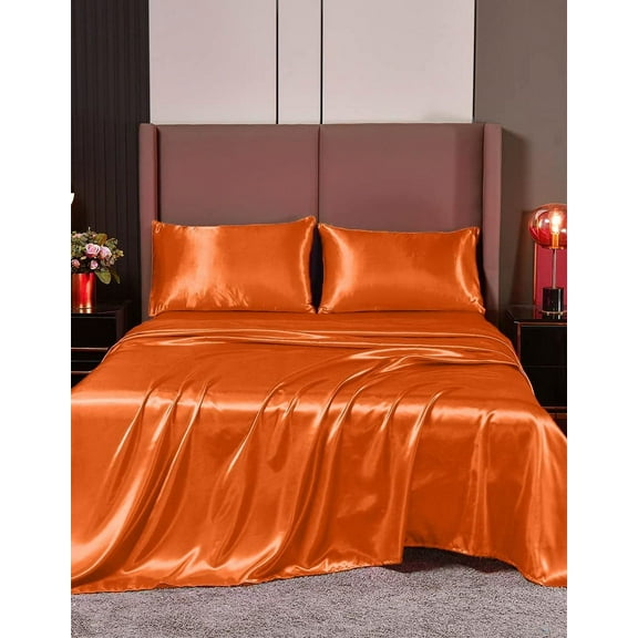 Cloud Fino Luxurious Satin Bed Sheets Orange Silk Sheets Full XL 15 " Deep Pocket Pillowcases Sheet, 4-Piece