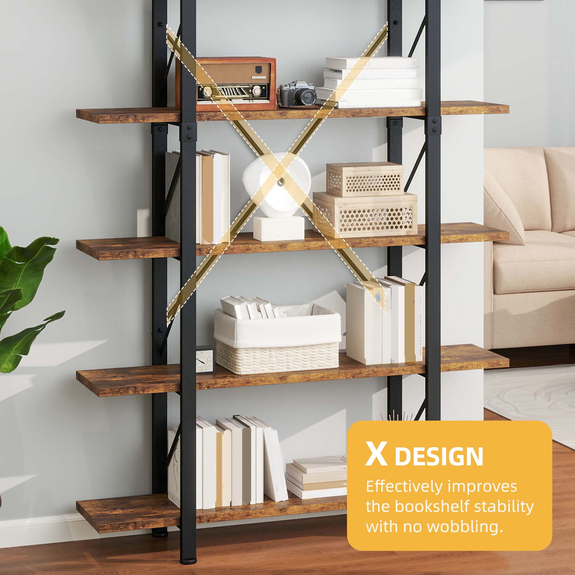 Uforic 5 Tier Bookshelf, Freestanding Industrial Bookcase, Storage Shelving Unit for Home Office, Brown