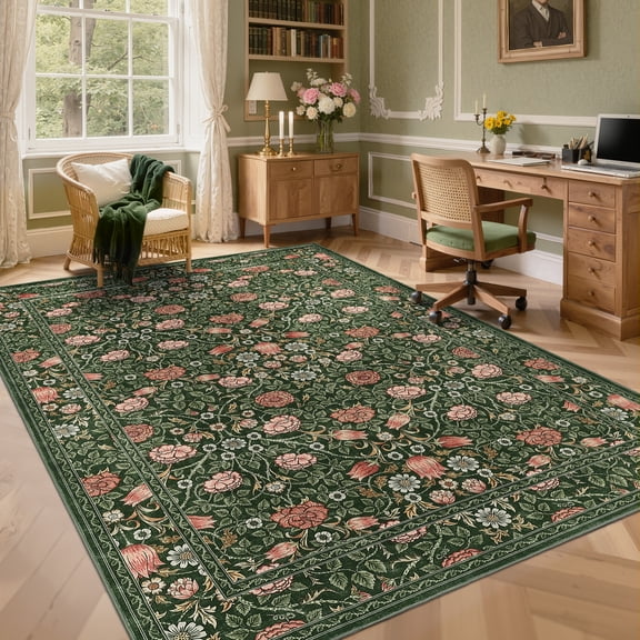 Garvee 6'x9' Vintage Floral Area Rug Washable Botanical Carpet, Non Slip Boho Indoor Rug for Living Room Bedroom Home Office, Gray Green
