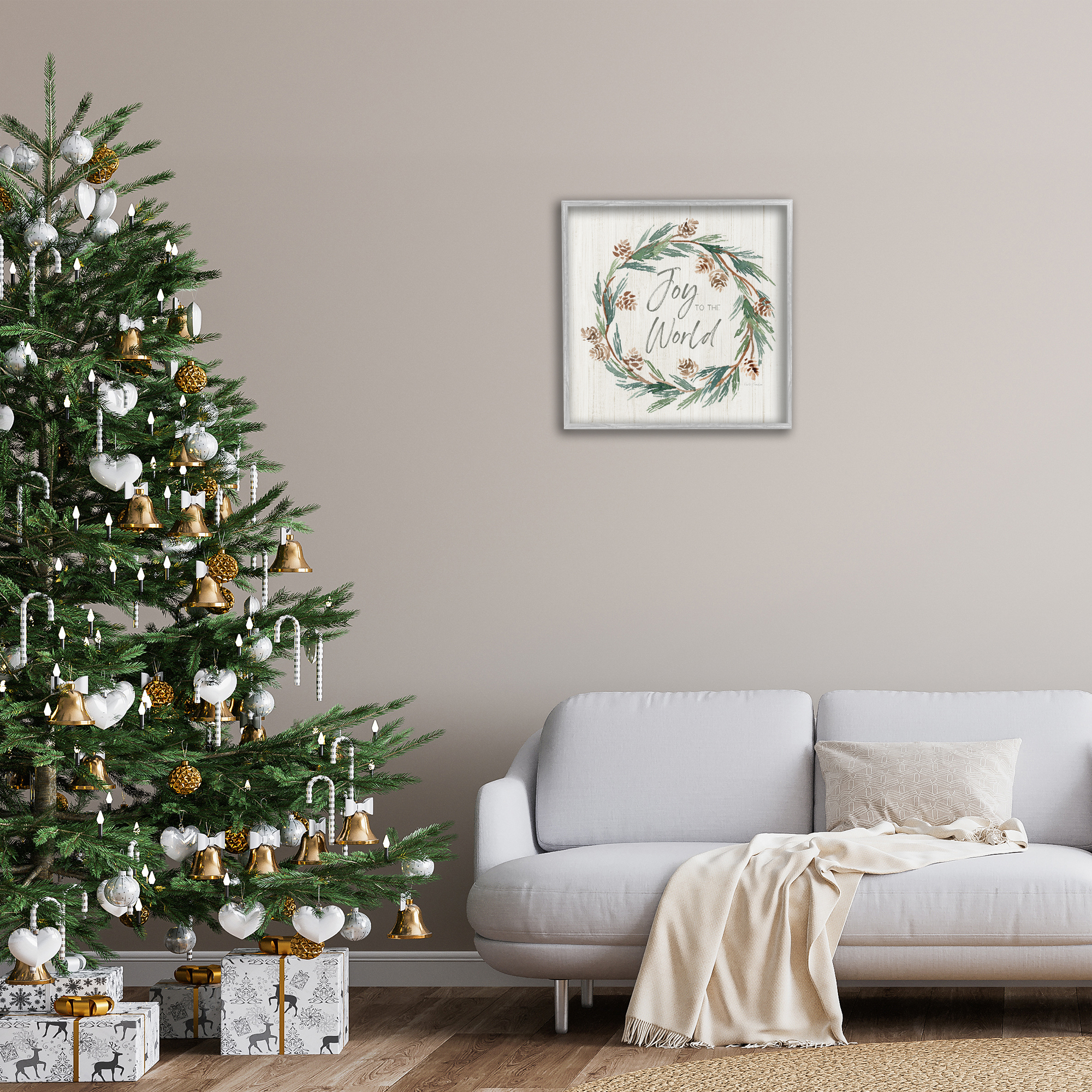 Stupell Industries Joy Pinecone Wreath Holiday Painting Gray Framed Art Prints Wall Art, 24 x 24