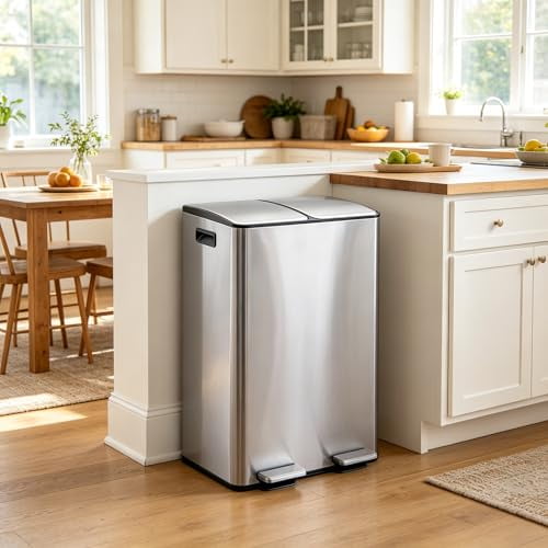 16 Gallon Dual Compartment Trash Can, Stainless Steel Step Recycling Bin