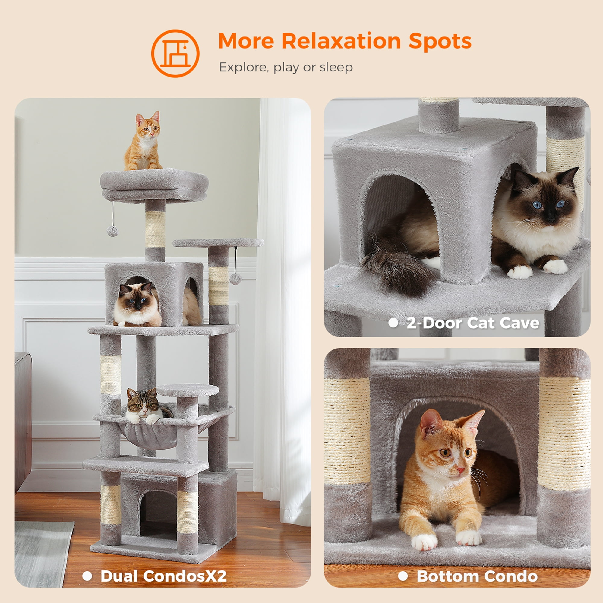 Pefilos 53" Tall Cat Tree Tower with Spacious Hammocks, Condos and Scratching Posts, Cat House with Dual Padded Perches for Indoor Large Cats, Gray