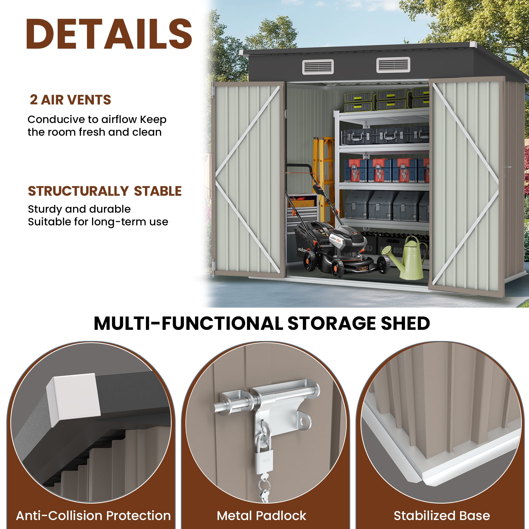 Sesslife 6' x 4' Outdoor Storage Shed, Patio Galvanized Steel Metal Shed with Sliding Doors, Garden Shed with Vents for Tools, Lawn Mover, Bike, Brown