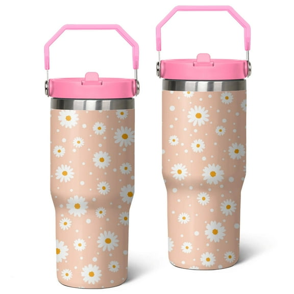 30oz Daisy Stainless Steel Tumbler with Top Handle,Cute Floral Travel Coffee Mug Flip Straw Cup,Gifts for Women Girls Men Adults(pink)