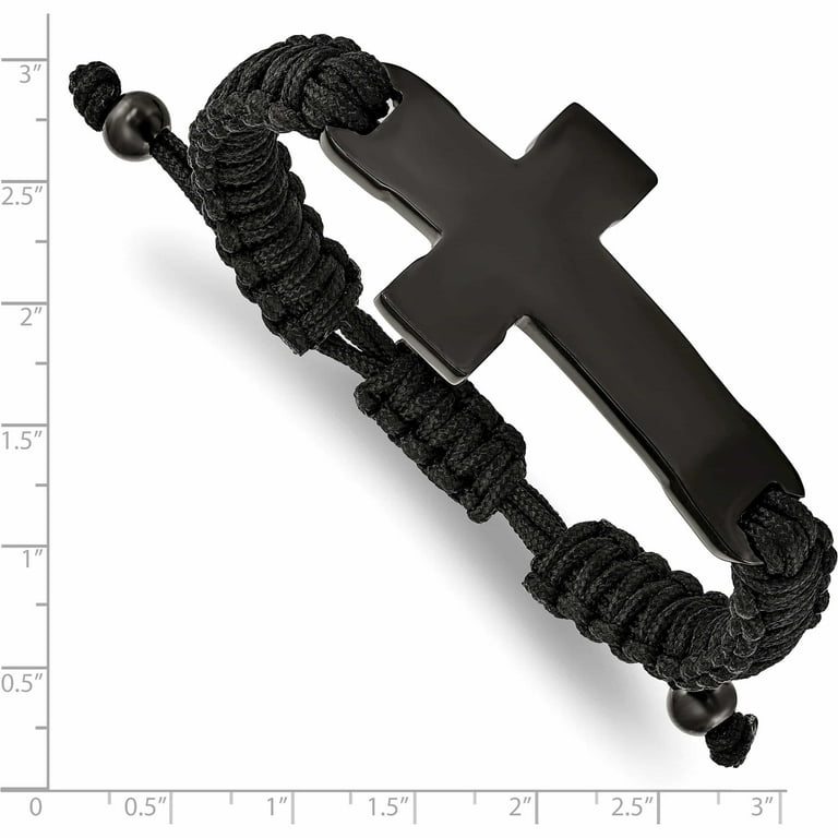 Stainless Steel Polished Black IP Black Nylon Adjustable Cross Bracelet - Engravable Stainless Steel Polished Black IP Black Nylon Adjustable Cross Bracelet - Engravable