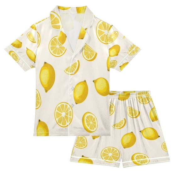 Silky Satin Kids' Pajama Set Breathable & Smooth Unisex Button-Down Pajamas Yellow Lemon Pattern