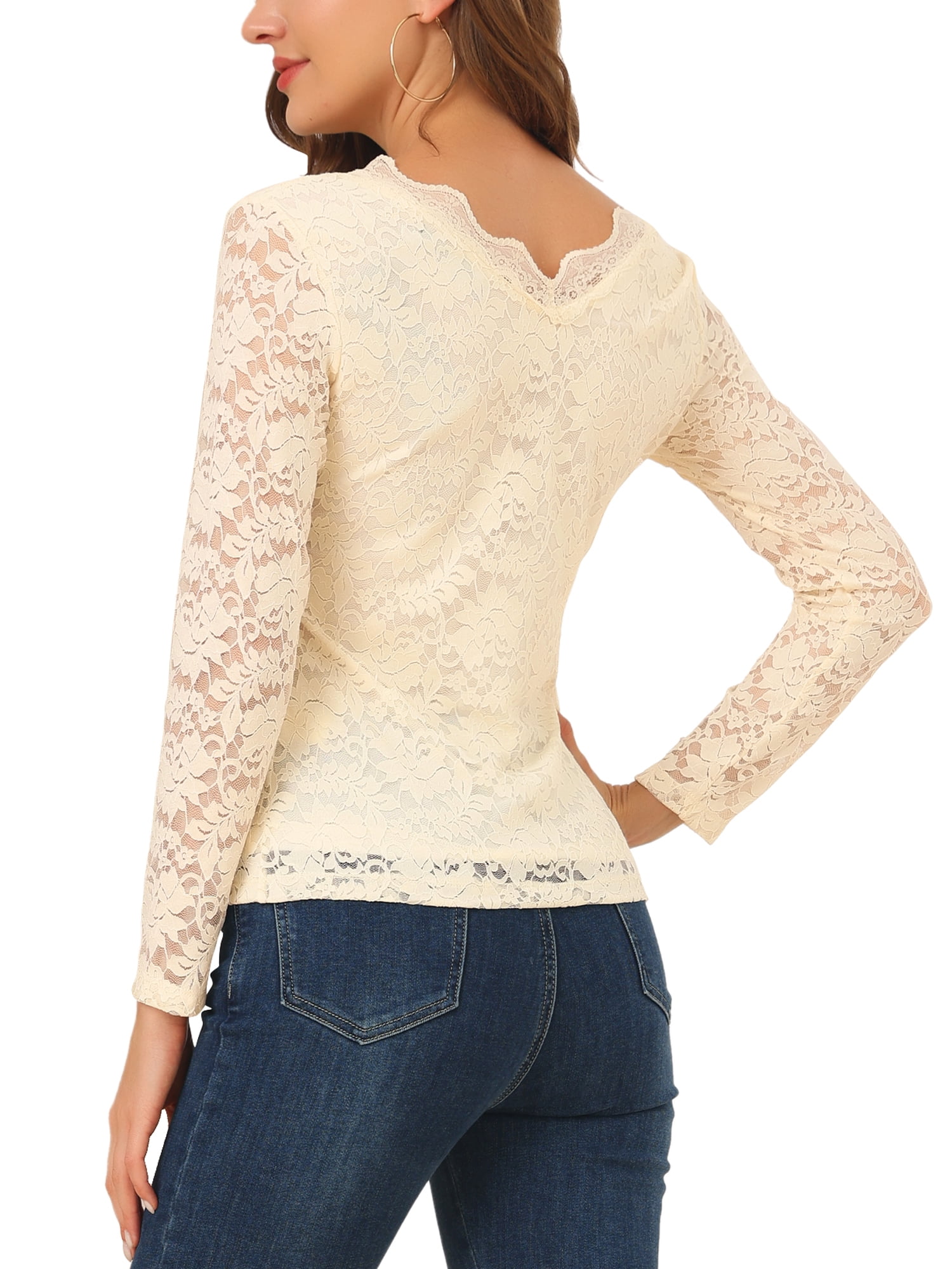 DARING DIVA Floral Lace Shirt Lace Scalloped Trim Blouse S Beige