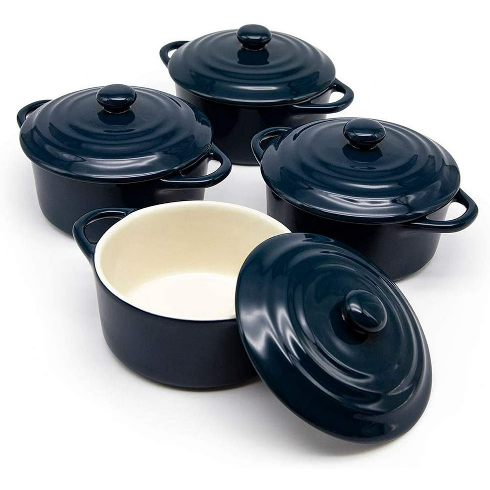 Kook Mini Cocotte Casserole Dishes with Lids, 12 oz, Set of 4, Navy Blue