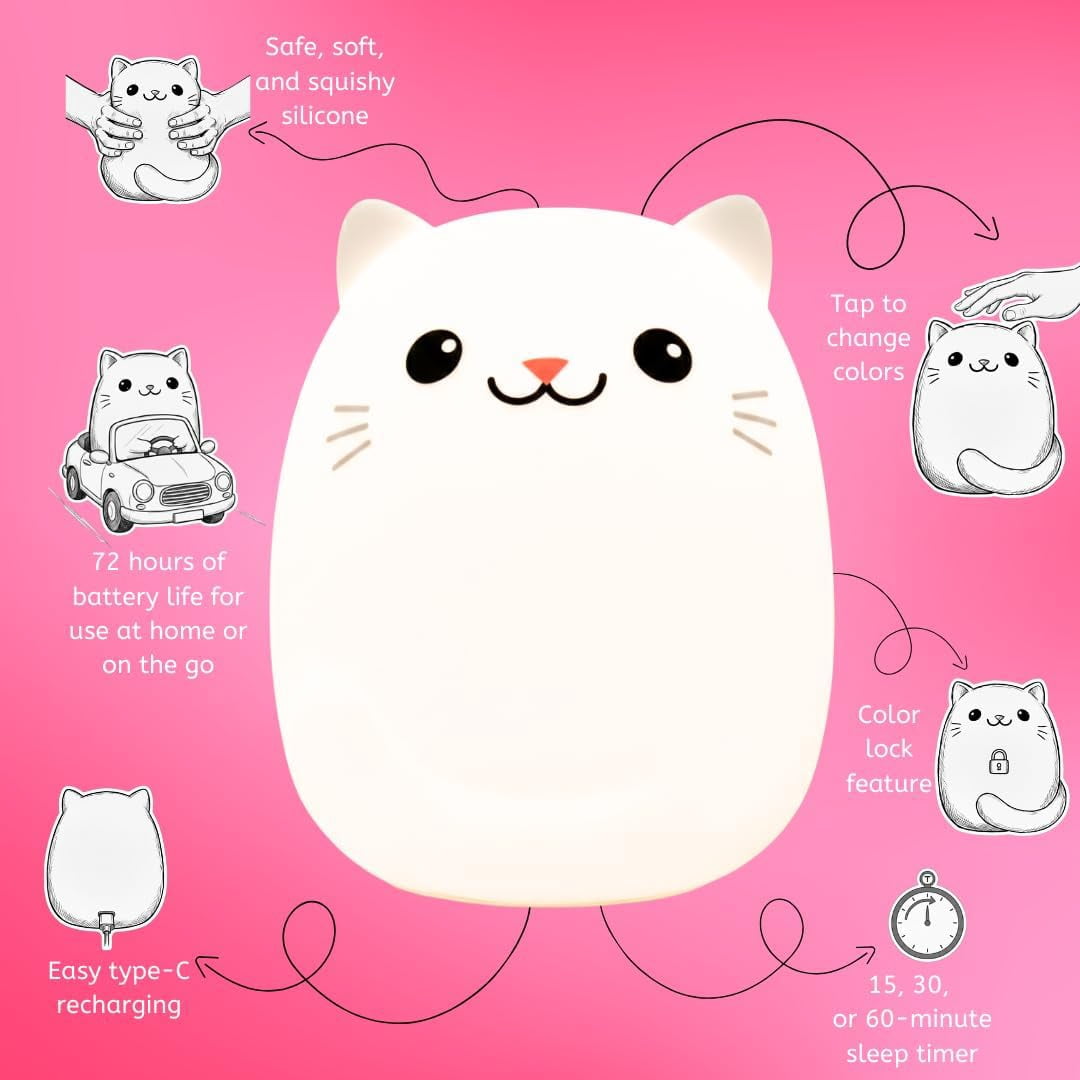Clive The Cat Squishy Silicone Night Light for Kids | Cute Night Light with Remote & Touch Control for Baby & Toddler Bedrooms | Color Changing Portable Animal Nightlight | Kids Mood Lamp