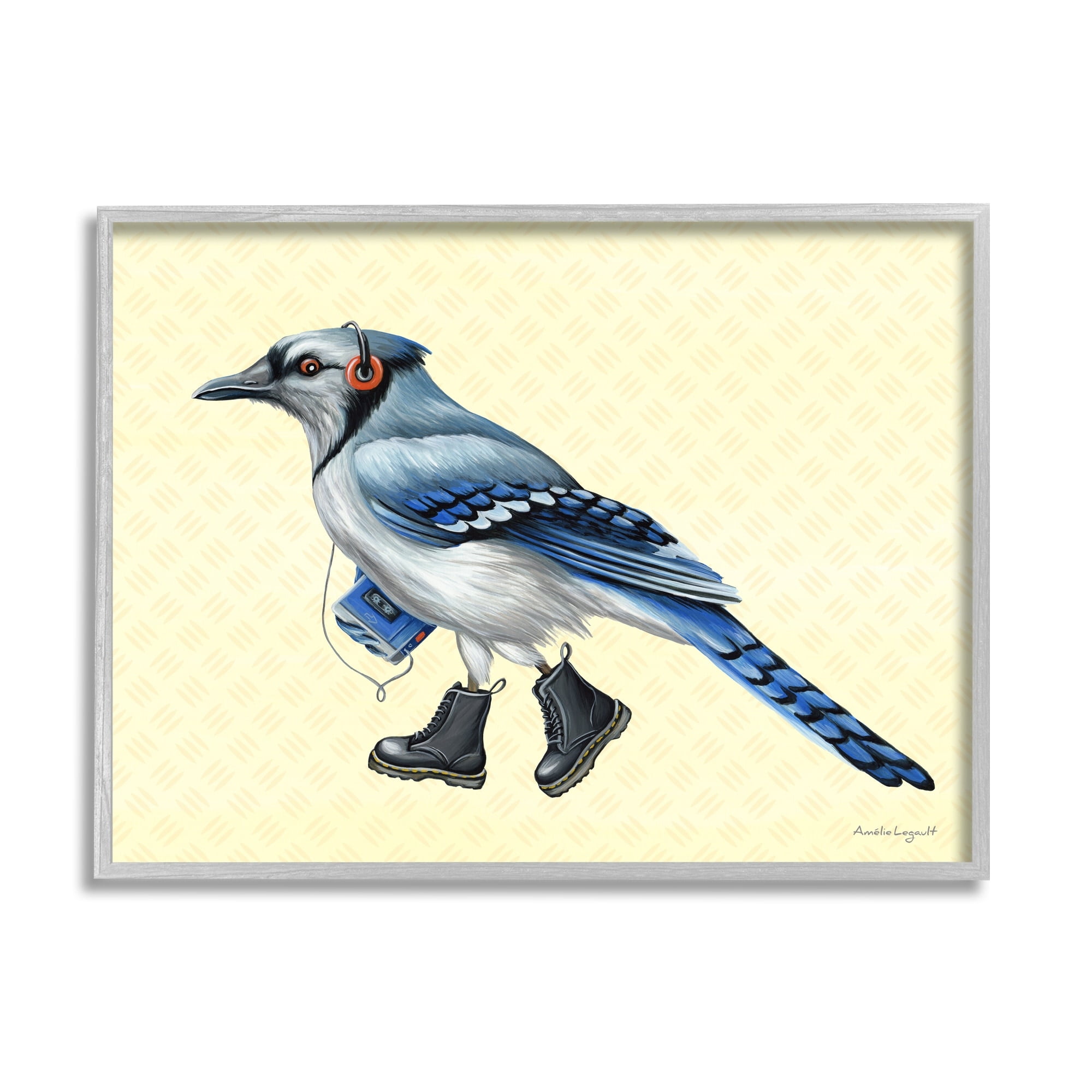 Stupell Industries Blue Jay Bird Combat Boots Retro Tape Cassette Graphic Art Gray Framed Art Print Wall Art, Design by Amelie Legault