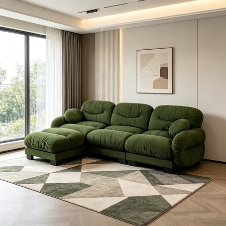 AUU Pleated Design Cozy Chenille 3-Seater Modular L-Shape Sectional Sofa with Ottoman High-Density Foam Seat Curved Round Armrests and 2 Round Throw Pillows