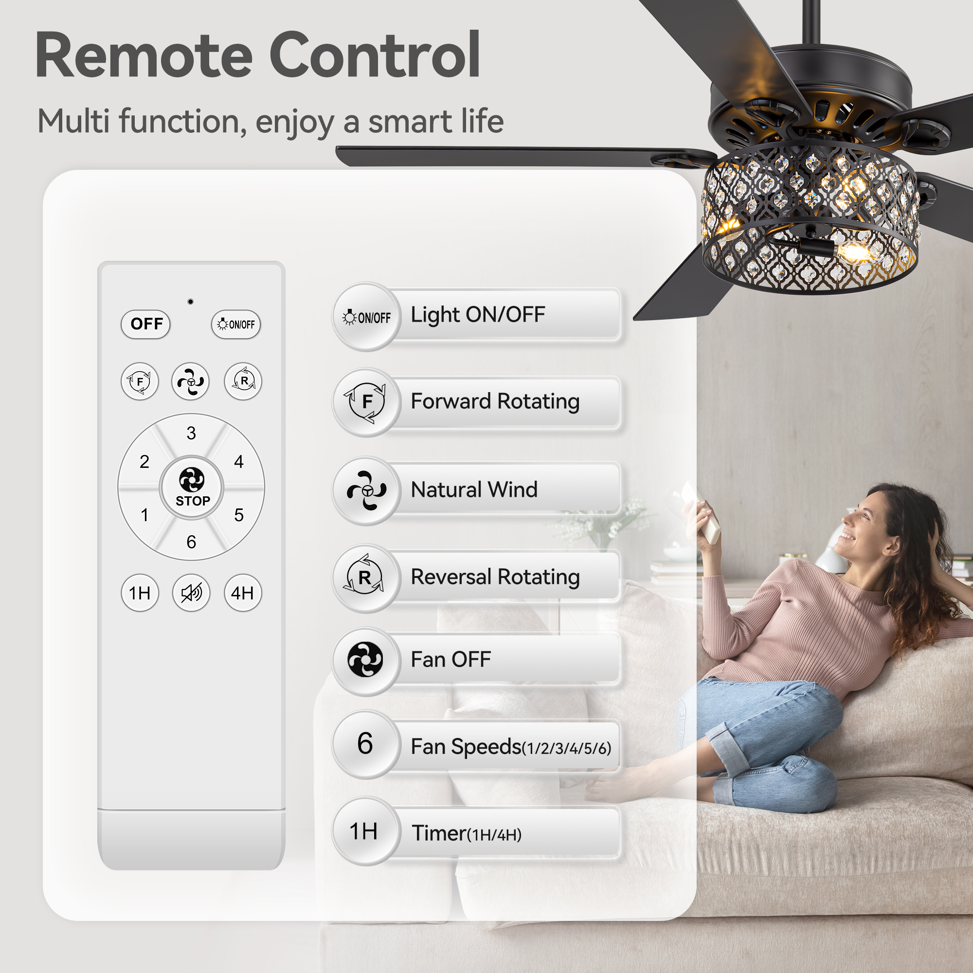 ALKAFY 52 inch Traditional Black Ceiling Fan with Light & Remote - Reversible Blades for Bedroom/Living/Dining