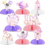 Sursurprise 8pcs Space Themed Honeycomb Centerpieces for Girls Space Baby Shower Decorations, Houston We Have A Girl Table Topper, Outer Space Astronaut Planet Rocket Party Supplies