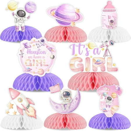 Sursurprise 8pcs Space Themed Honeycomb Centerpieces for Girls Space Baby Shower Decorations, Houston We Have A Girl Table Topper, Outer Space Astronaut Planet Rocket Party Supplies