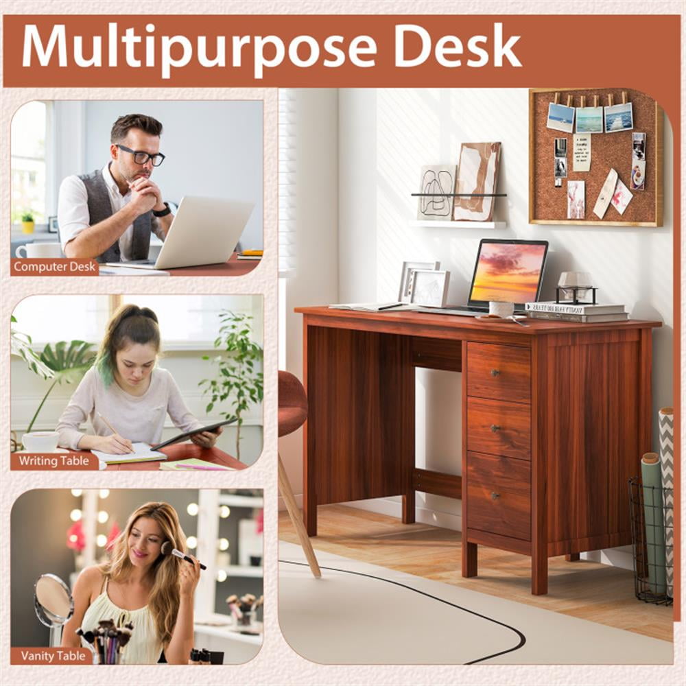 Demi Bonn 3-Drawer Computer Desk with Spacious Desktop, Small Home Office Desk Study Writing Table, Brown