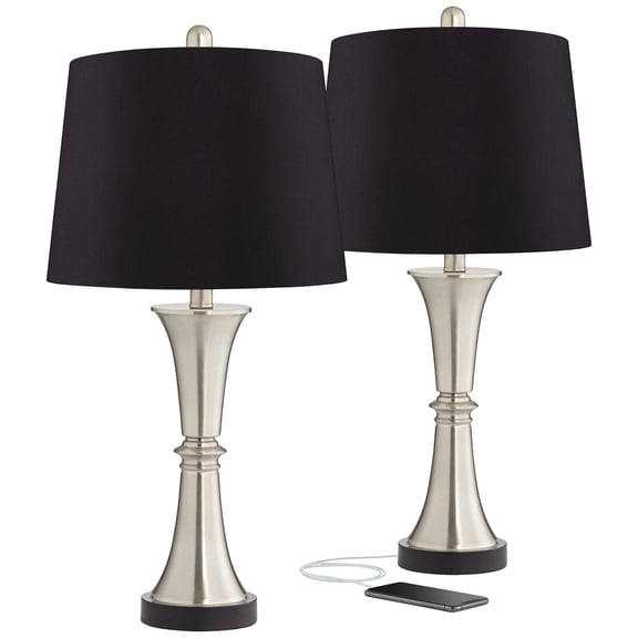 360 Lighting Seymore Modern Table Lamps 26" High Set of 2 Silver with USB Charging Port LED Touch On Off Black Faux Silk Drum Shade for Bedroom Desk