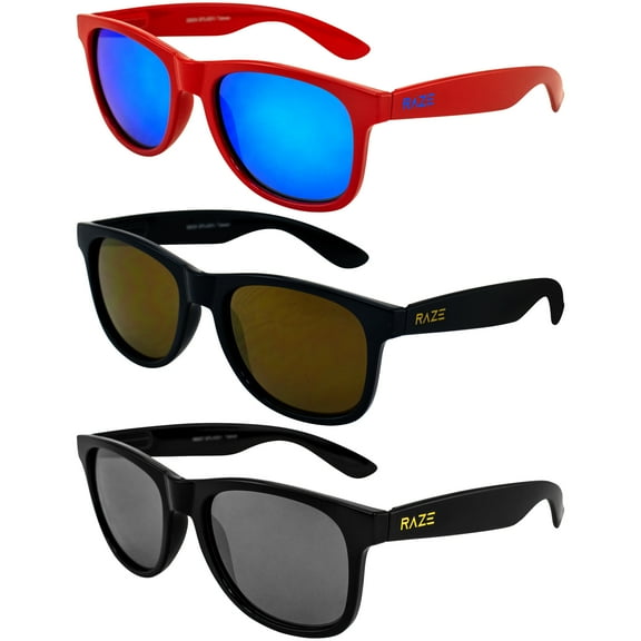 Raze Eyewear Splash Sunglasses Red gloss frame with a Blue-Z Lens, Navy Smoke w/ Copper Z Lenses and Blackout with Smoke Lenses Spring Hinges 3Pack