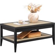 Black Oak 40-inch Farmhouse Table: Rectangle Boho Coffee Table with 2-Tier Rattan Storage Shelves