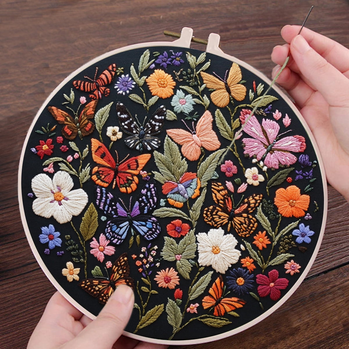 NEONWE 4 Set Embroidery Kit for Adult Beginner, Colorful Butterfly Vintage Flowers Rustic Stamped Patterns Kits Nature Funny Arts & Crafts Set, with Hoop, Colored Threads, Needles, and Instructions