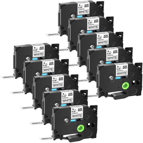 GREENCYCLE 10PK Compatible for Brother P-touch Black on White 9mm TZ TZe TZe-221 TZ-221 TZe221 TZ221 Laminated Label Tape