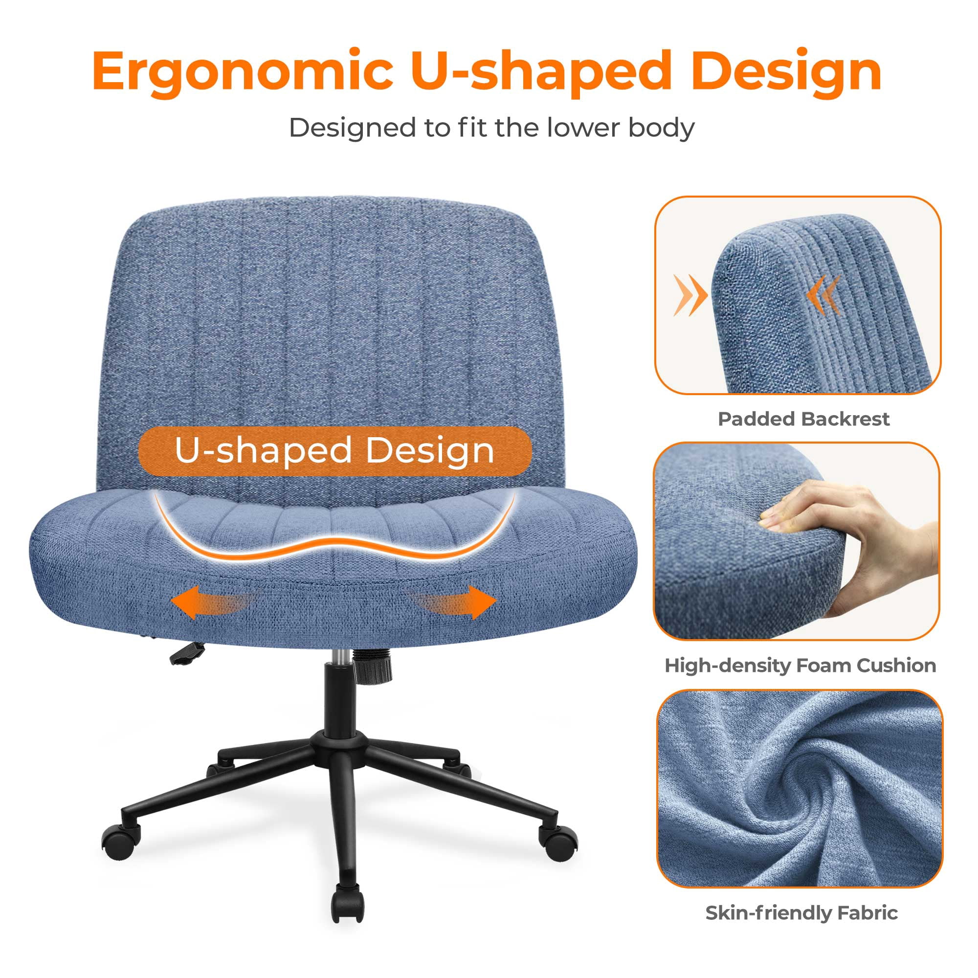 NEO CHAIR Criss Cross Chair with Wheels Armless Cross Legged Office Desk Wide Comfy Vanity Makeup Chair Adjustable Swivel Rolling Computer for Home Office Fabric (Blue Dual Base)