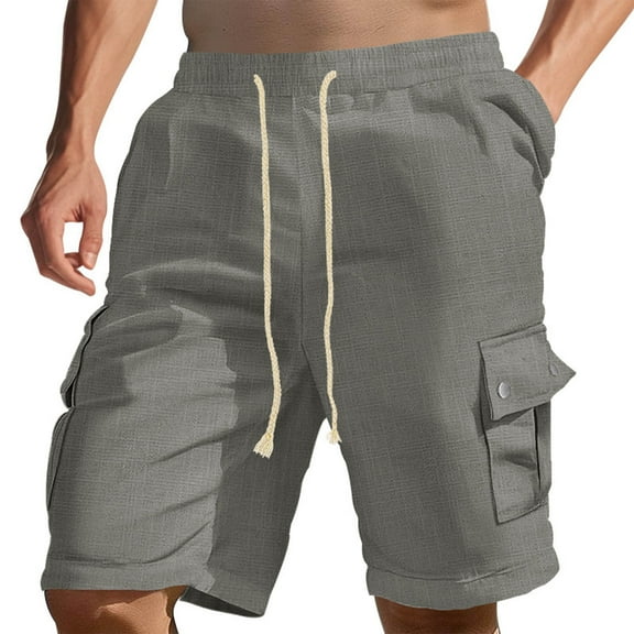 Nuoqisi Men's Solid Color Loose Linen Drawstring Multi-Pocket Shorts - Casual Bottoms for Summer Comfort