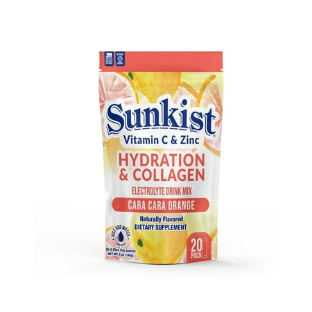 Sunkist Collagen + Hydration Powder  Cara-Cara Orange Drink Mix (Pack of 20)  Energy Drink with Electrolytes  Vitamin C  Zinc & Verisol Collagen  Electrolytes Powder Packets with No Preservatives