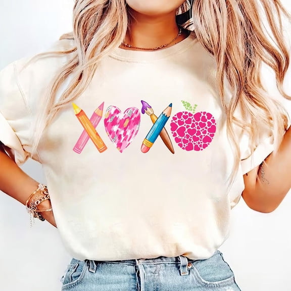 Teacher Valentine XOXO Shirt, Retro Valentine Gift for Teacher, Cute Heart Print Tee, Valentine Classroom Outfit