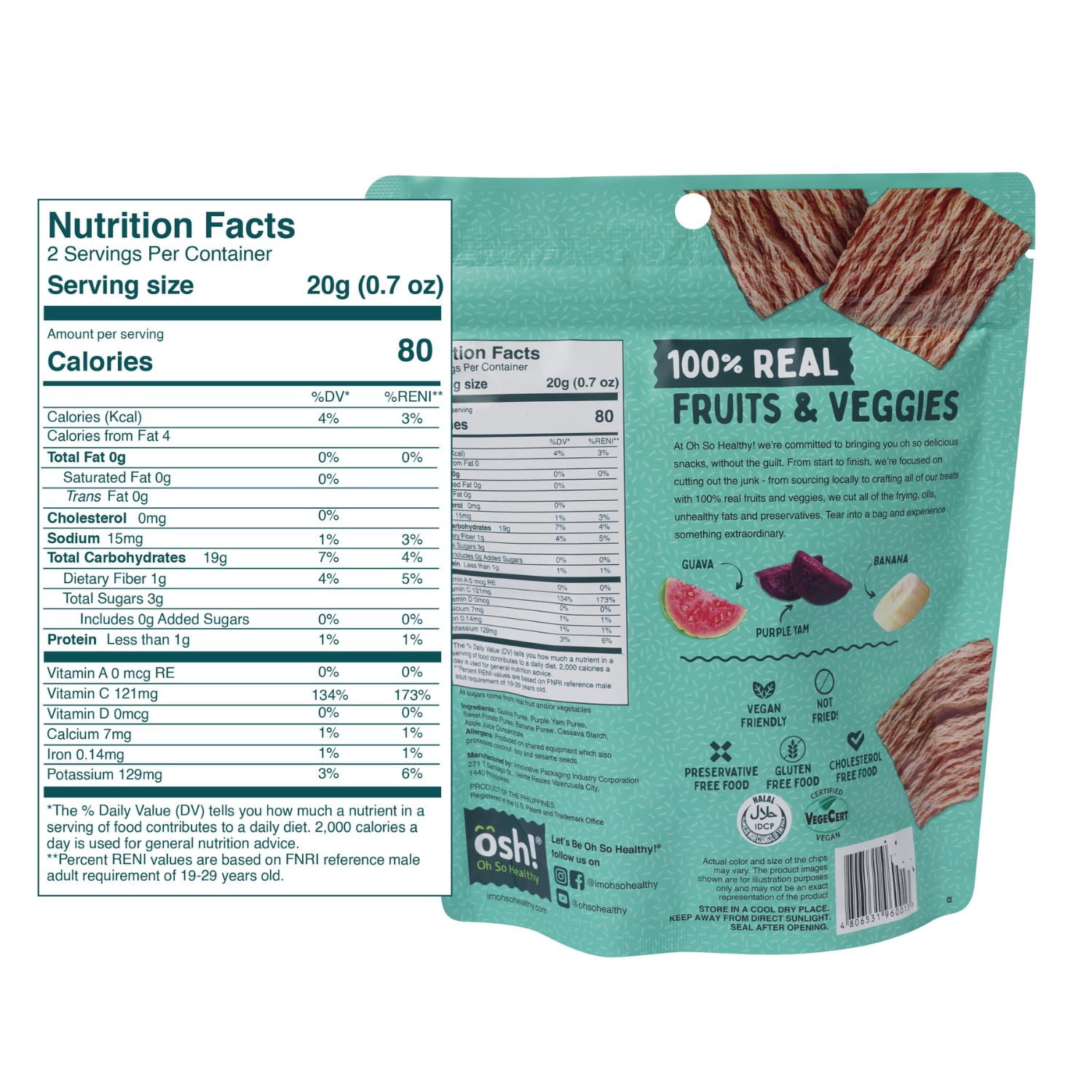 OSH Baked Vegan Fruit Crisps Chips - Guava Purple Yam Banana (24x1.41oz)