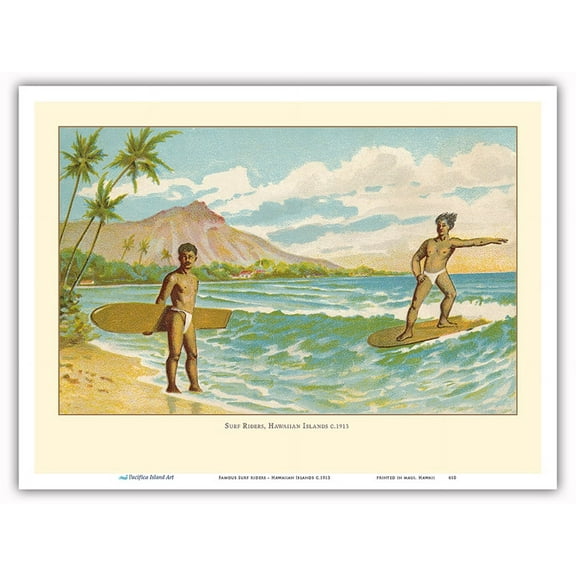 Hawaii Surf Riders - Vintage Hawaiian Color Postcard c.1913 - Master Art Print (Unframed) 9in x 12in