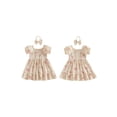 thumbnail image 3 of BemeyourBBs Kids Toddler Baby Girls Summer Smocked Dress Little Girl Cotton Linen Outfit Bow Print Short Sleeve Square Neck Ruffle Dress and Headband Set, 3 of 9