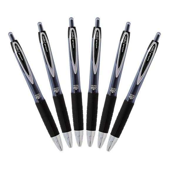 Uni-Ball Signo 207 Retractable Gel Pen, 0.5mm Micro Point, Black, Pack of 6