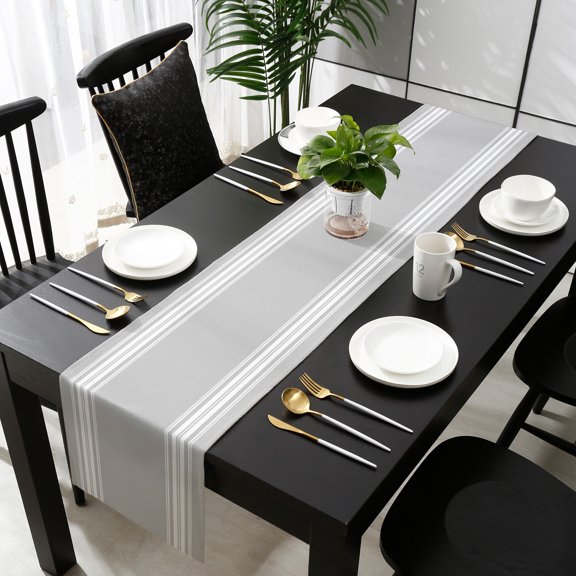 Grey Striped Cotton Linen Small Table Runner 13 x 60 inch Luxurious White Stripes Modern Abstract Art Non-slip Rectangular Dining Table Decor for Wedding Party Holiday Dinner