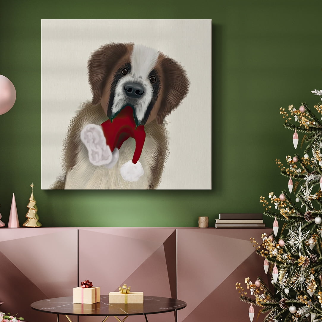 St Bernard and Christmas Hat- Gallery Wrapped Canvas