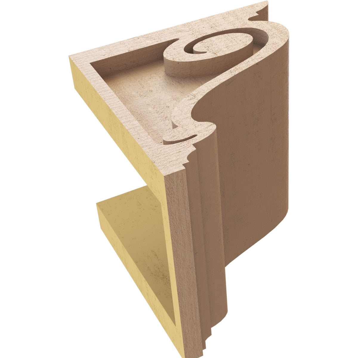 6"W x 6"D x 6"H Wide Scroll Rough Cedar Woodgrain TimberThane Corbel, Primed Tan