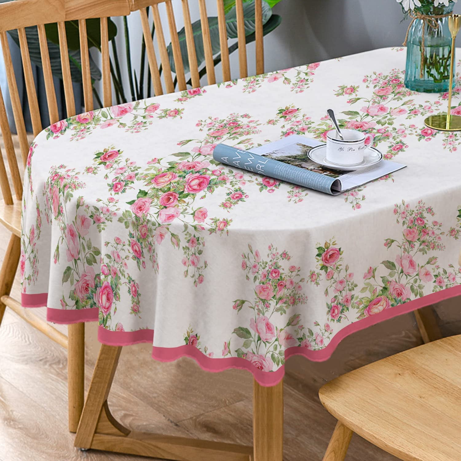 Pink Oval Tablecloth, Floral Oval Tablecloth, Pink Flowers Print Table