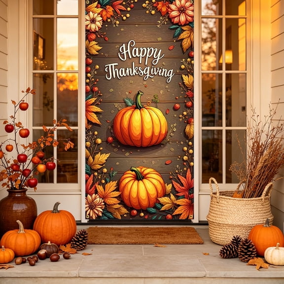 KKOUHV Thanksgiving Decorations, Fall Harvest Door Covers for Front Door Cover, Turkey Pumpkin Fall Door Cover, Indoor Outdoor Party Photo Booth Props