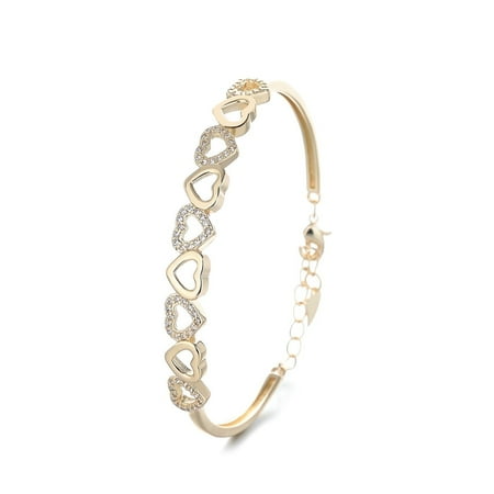 Amy and Annette 14K Gold Hearts Bangle Adjustable Bracelet with crystals from Swarovski in 14K Yellow Gold Plated