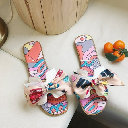 

Floral Bowknot Women s Flat Slide Sandals: Comfy Square Open Toe Slip-on Perfect for Summer & Beach-40