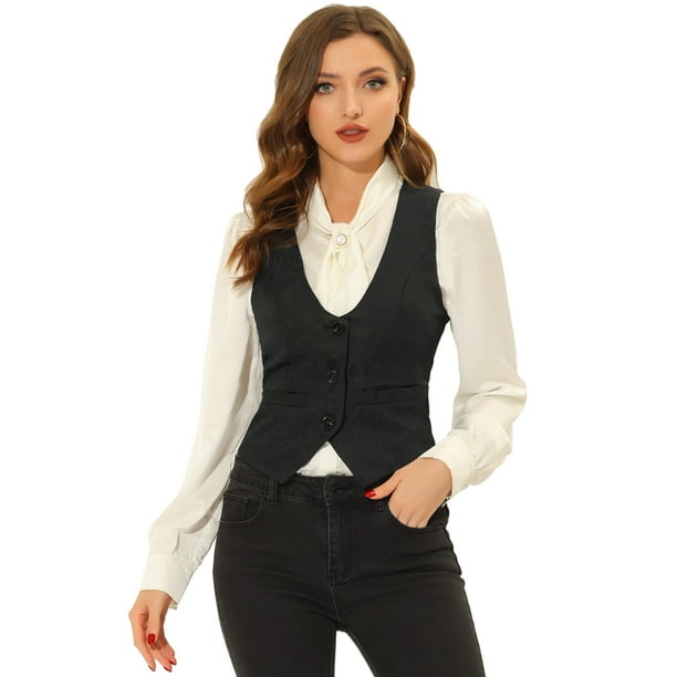 INSPIRE CHIC Chaleco vintage para mujer con botones Steampunk Jacquard sin mangas Negro S