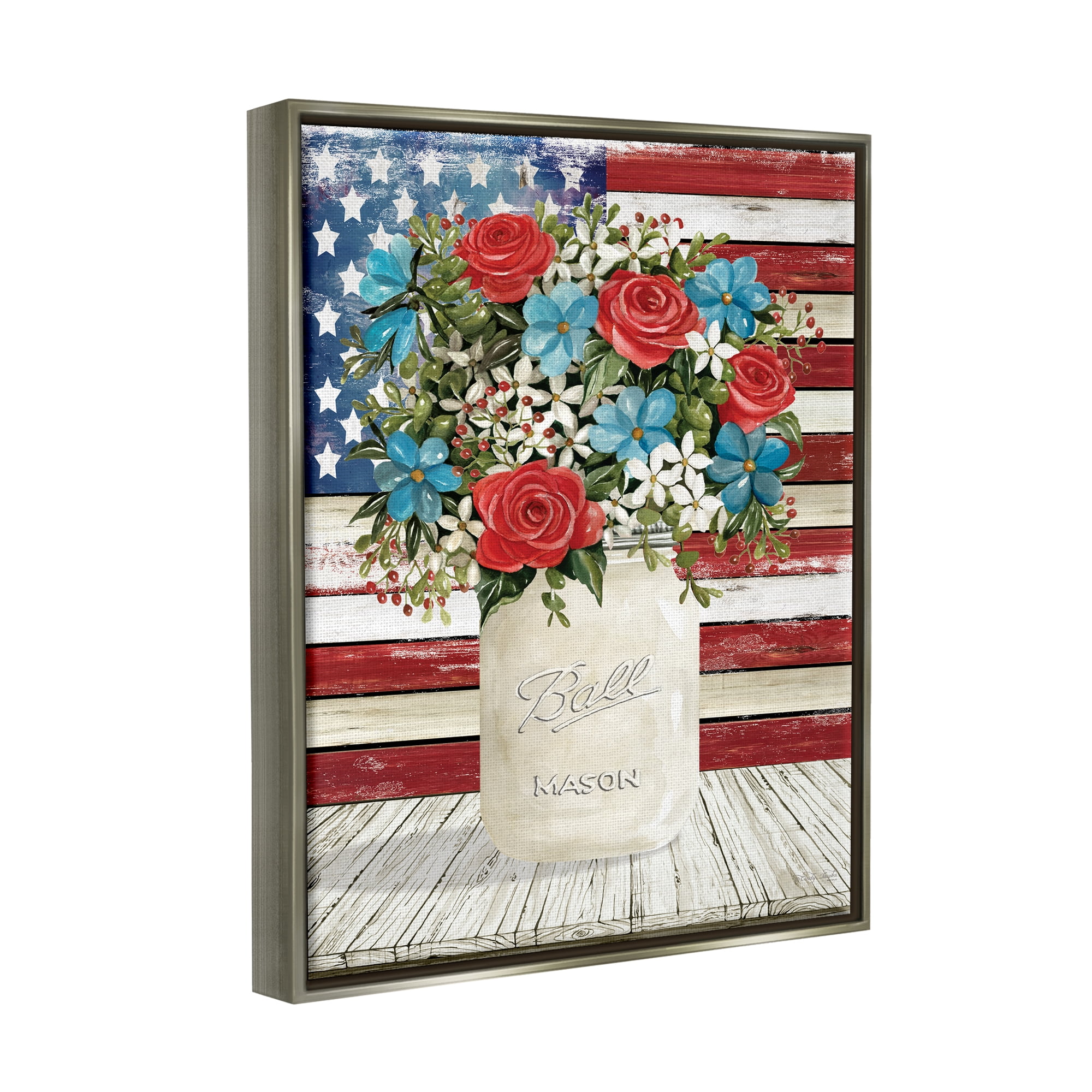 Stupell Americana Flag Festive Bouquet Botanical & Floral Painting Gray Floater Framed Art Print Wall Art