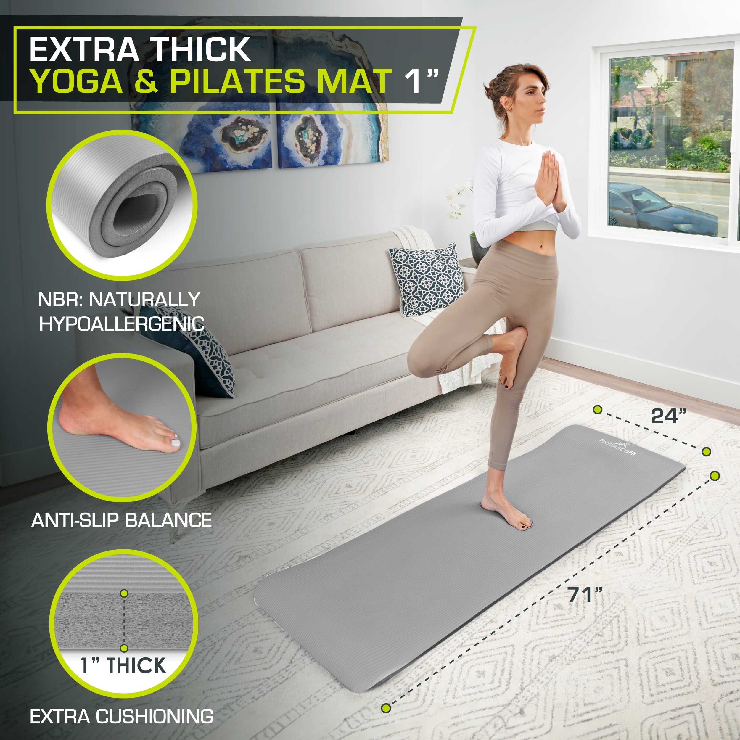ProsourceFit Extra Thick Yoga and Pilates Mat 1-in, 71”L x 24”W