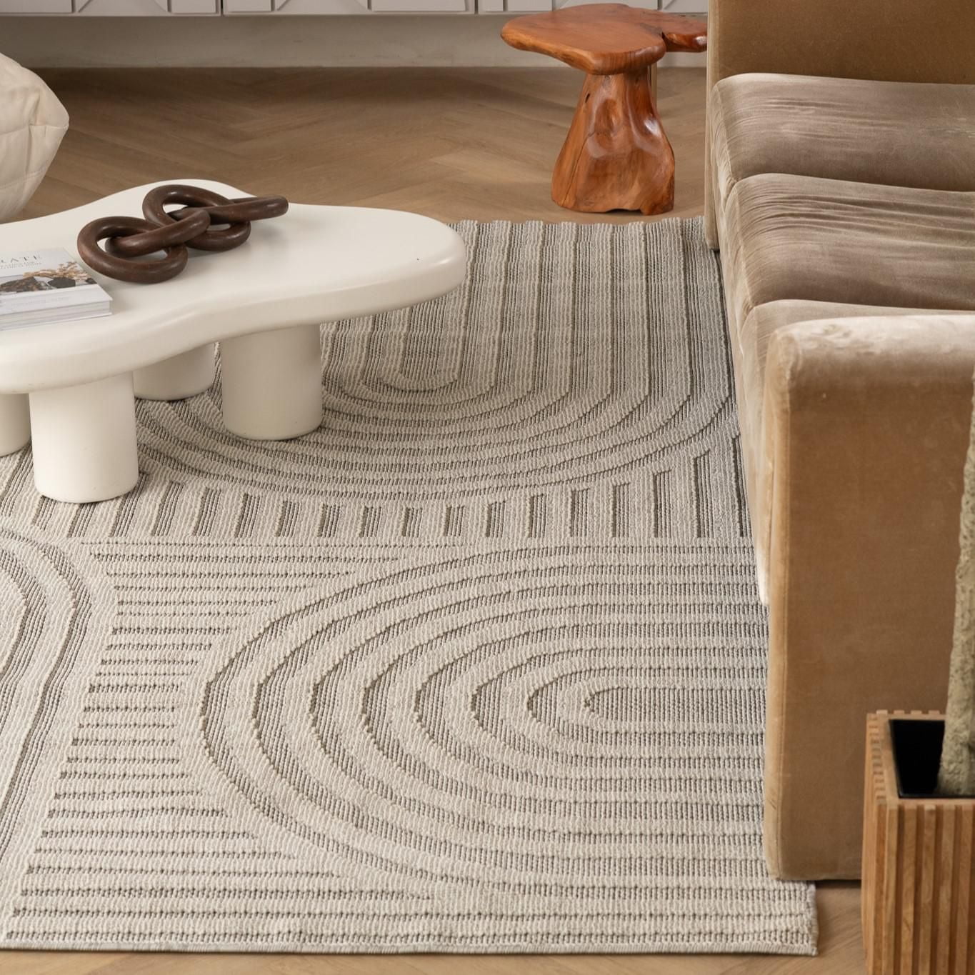 Tapis d'interieur exterieur abstrait Rug Branch Hogar, gris creme, moderne - Salon, chambre, salle a manger et cuisine