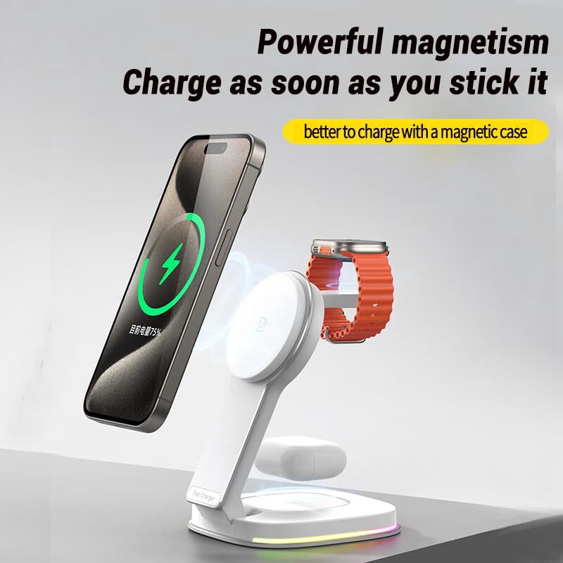 Magsafe Charging Station, 3 in 1 Charging Station Metal With Light for Apple Device, Wireless Charger for iPhone 16 15 14 13 12 11 X Pro Max & Apple Watch