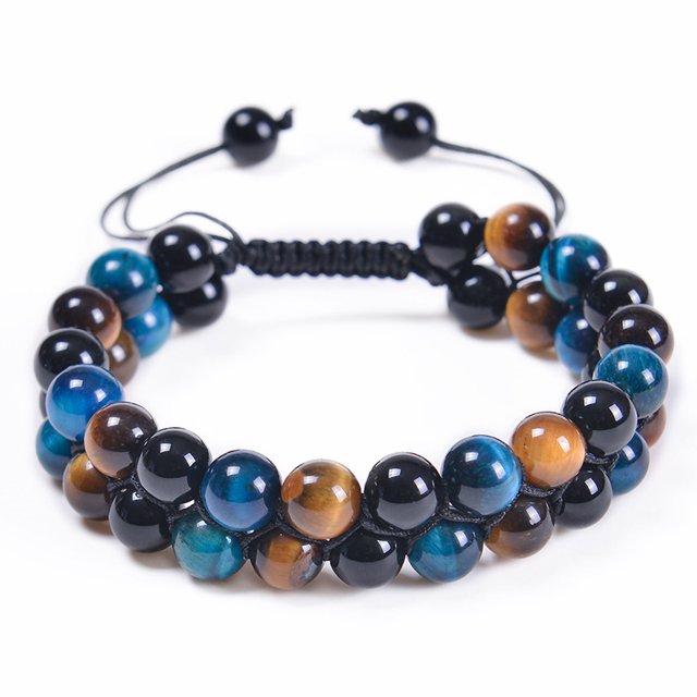 Pulsera de ojo de tigre natural Pulsera de obsidiana de 8 mm para hombre Pulsera de cuentas de doble capa ajustable (Ojo de tigre azul + Ojo de tigre amarillo + Pulsera de obsidiana)