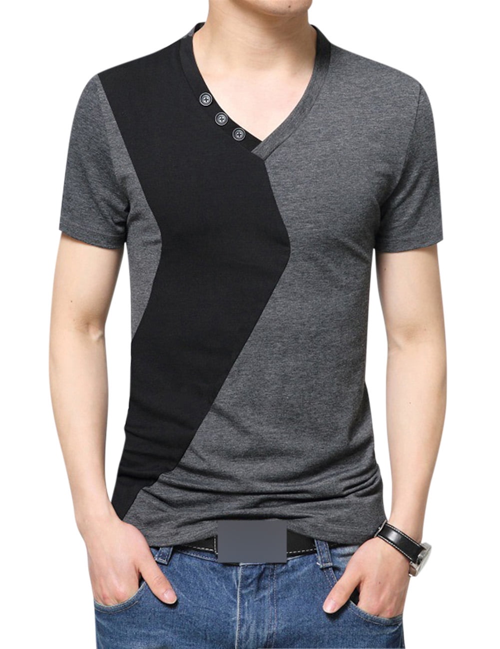Men Fashion Color Block Short Sleeve Slim Fit Cotton T-shirt Color:Gray ...